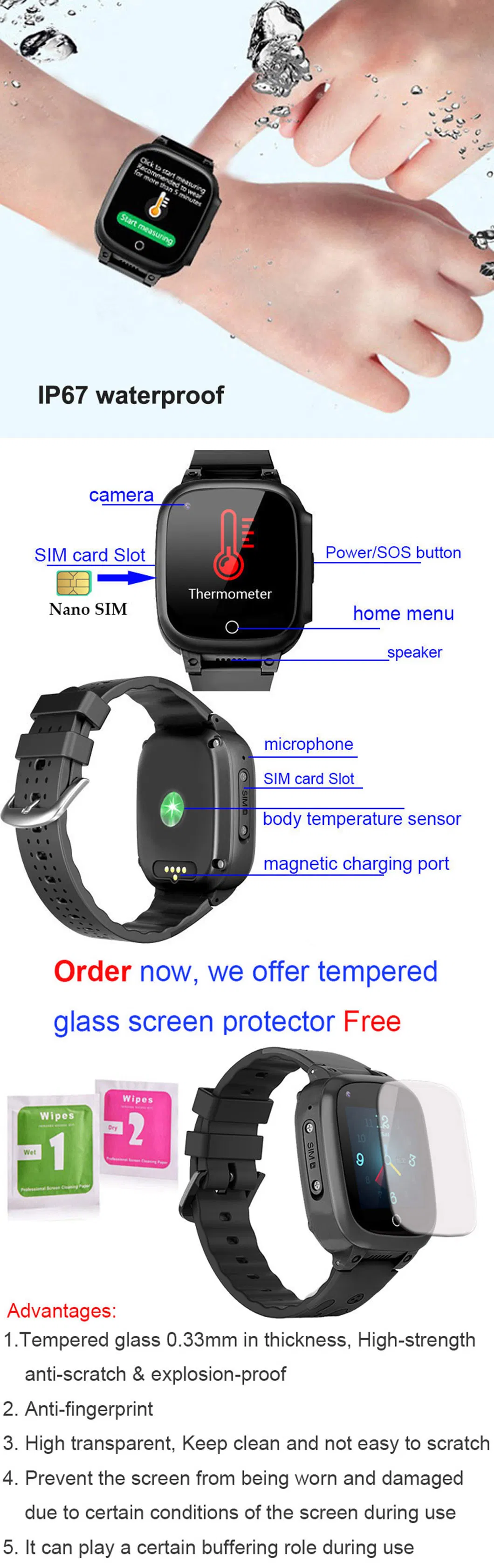 China manufacturer IP67 Waterproof 4G 2 Way Video Call Personal Security Smart Tracking GPS Tracker Phone Watch with Body Temperature D51S