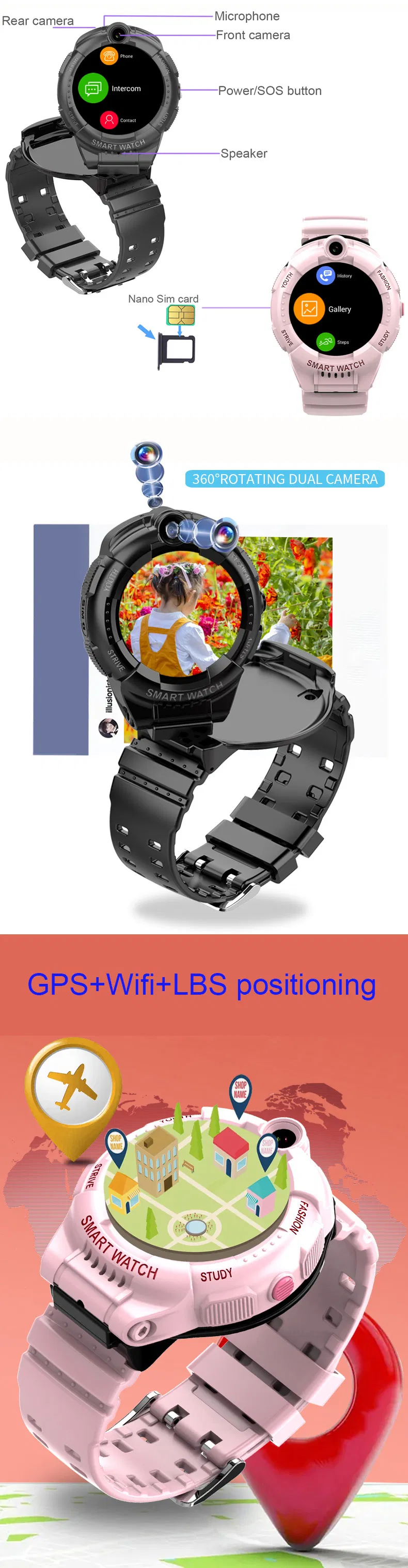 Factory Direct Supply 4G IP67 waterproof Safety Kid Parental control GPS Watch with rotating dual camera listen-in features SOS call for avoid abducting