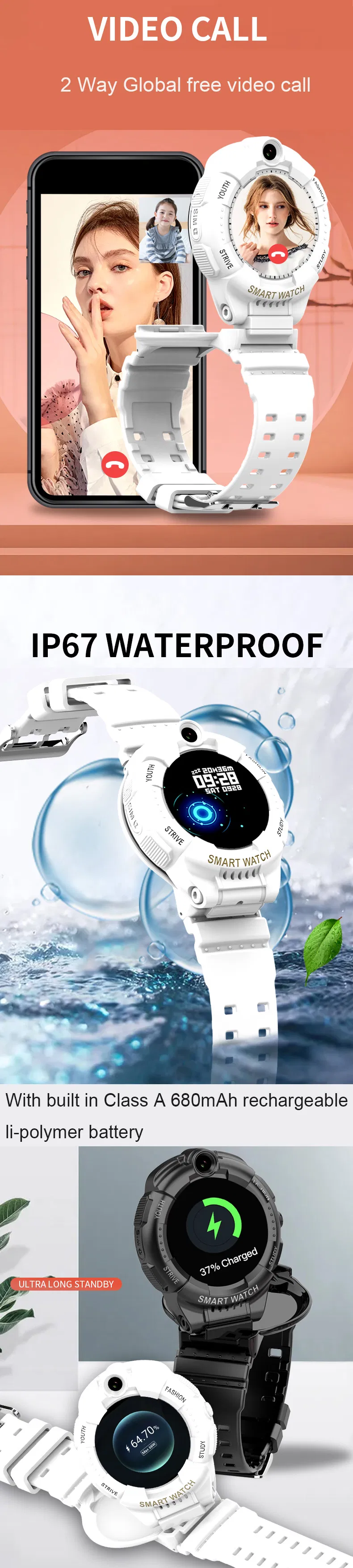 Factory Direct Supply 4G IP67 waterproof Safety Kid Parental control GPS Watch with rotating dual camera listen-in features SOS call for avoid abducting