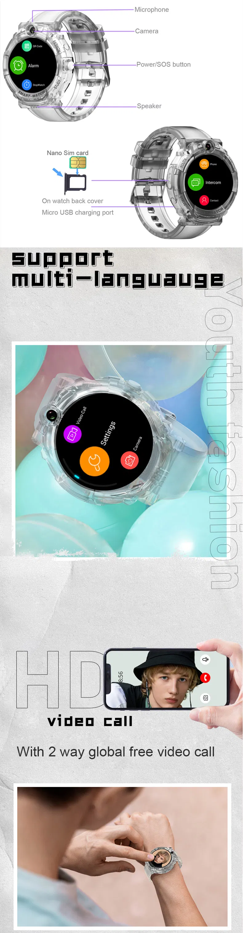 Factory Supply IP67 waterproof LTE 4G Round Screen translucent Kids GPS Phone watch with No disturbing in class 2 way video call D48F