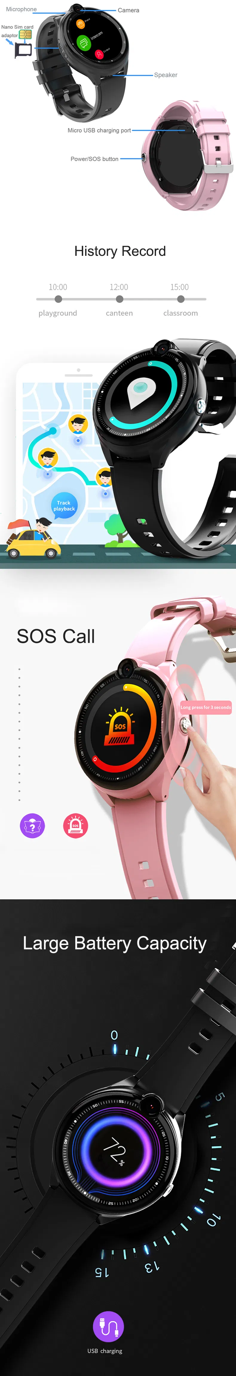 Fashion LTE IP67 Waterproof Round Screen SOS Precise GPS WiFi Tracking Smart Watch GPS Tracker with Geo-fence D48U