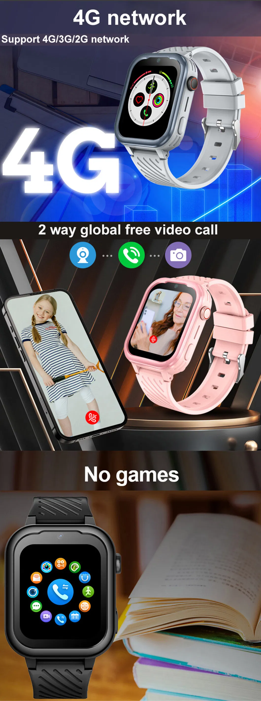 Fashion slim design 2024 Kids Child safety 4G free Wifi video call smart phone Tracker Watch GPS with live Google map monitoring D49H