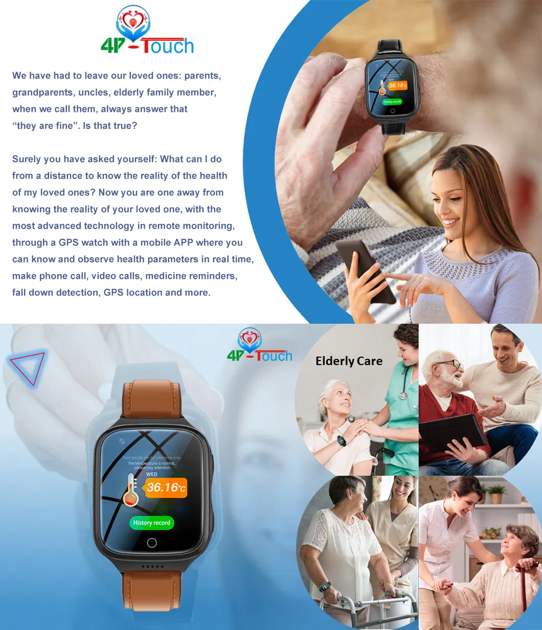 High Quality 4G Body Temperature Elderly SOS GPS Watch Tracker with Fall down alert for Senior Health Care D44