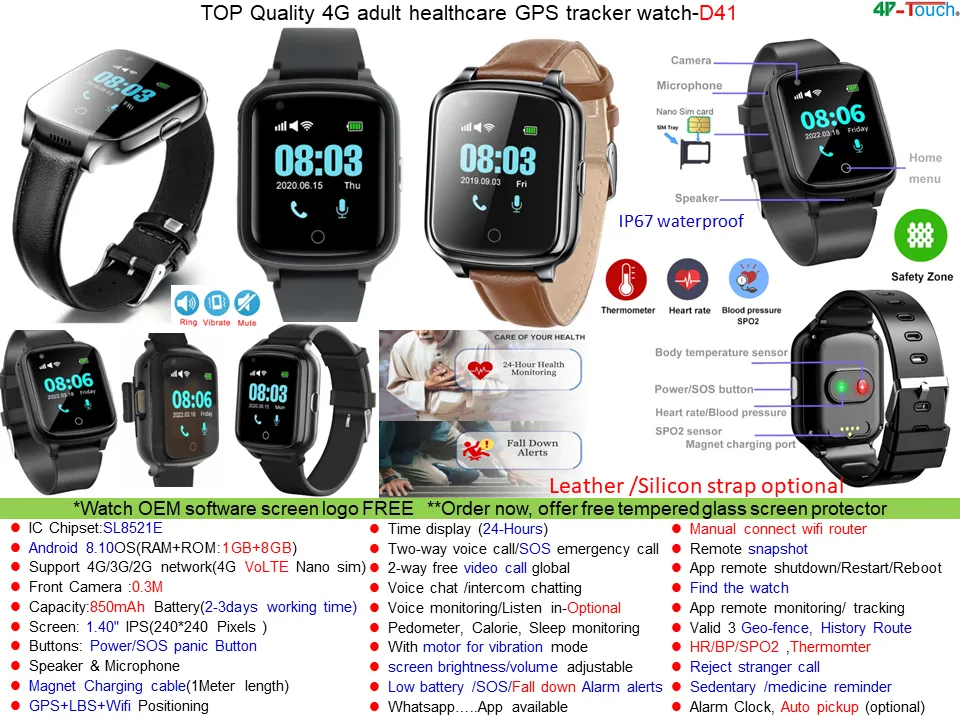 High Quality 4G IP67 Waterproof Video Call Body Temperature Watch Tracker GPS with Fall Down Alert HR BP D41