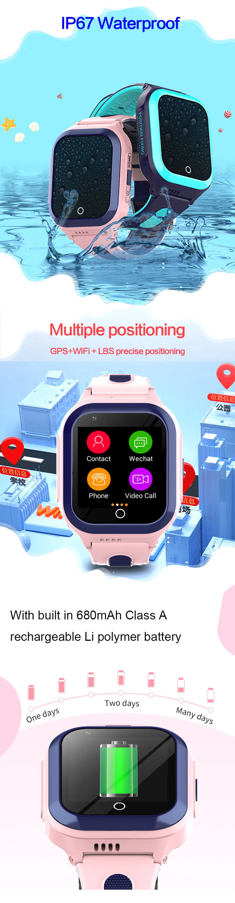 High Quality 4G IP67 waterproof Kids Child GPS Tracker with video call WIFI LBS Multiple languages for global tracking location