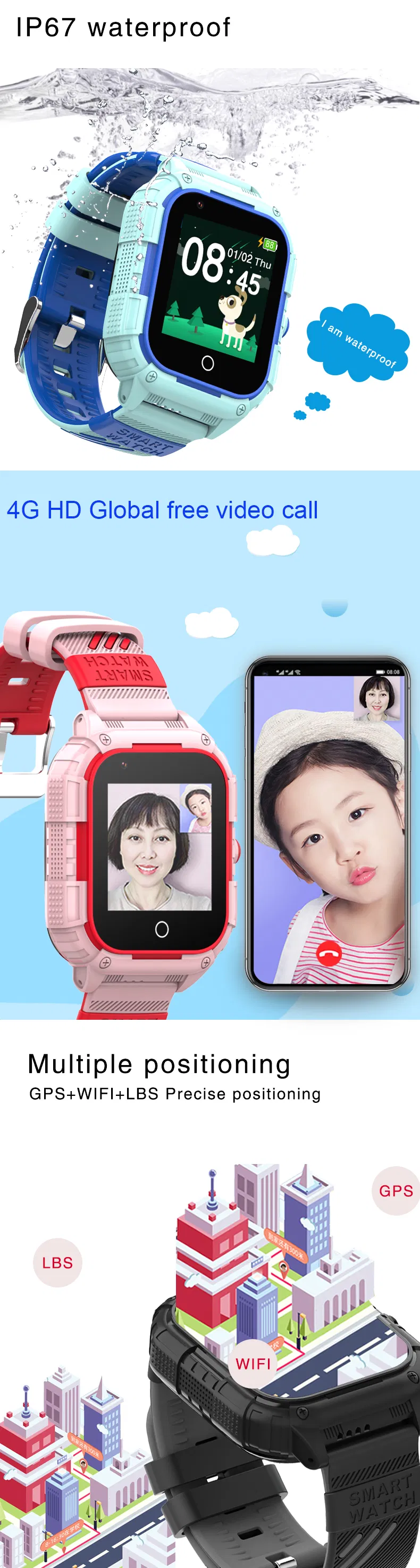 Hot Sale 4G IP67 waterproof OEM Kids Wearable GPS Watch with video Call SIM card slot Block unknown numbers for Students Safety P42