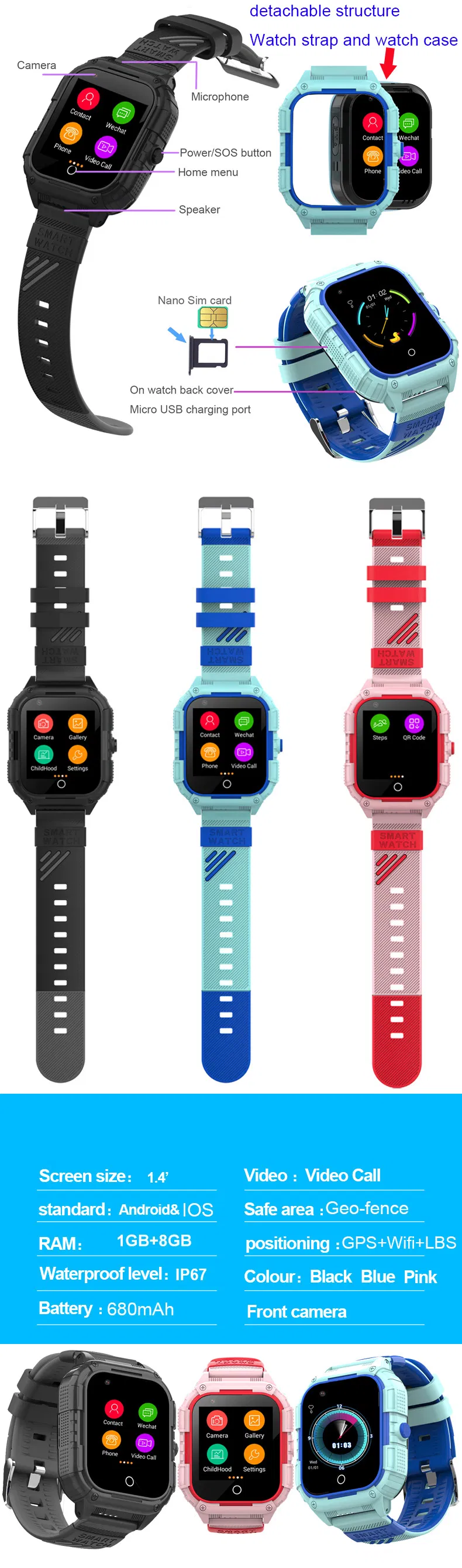 Hot Sale 4G IP67 waterproof OEM Kids Wearable GPS Watch with video Call SIM card slot Block unknown numbers for Students Safety P42