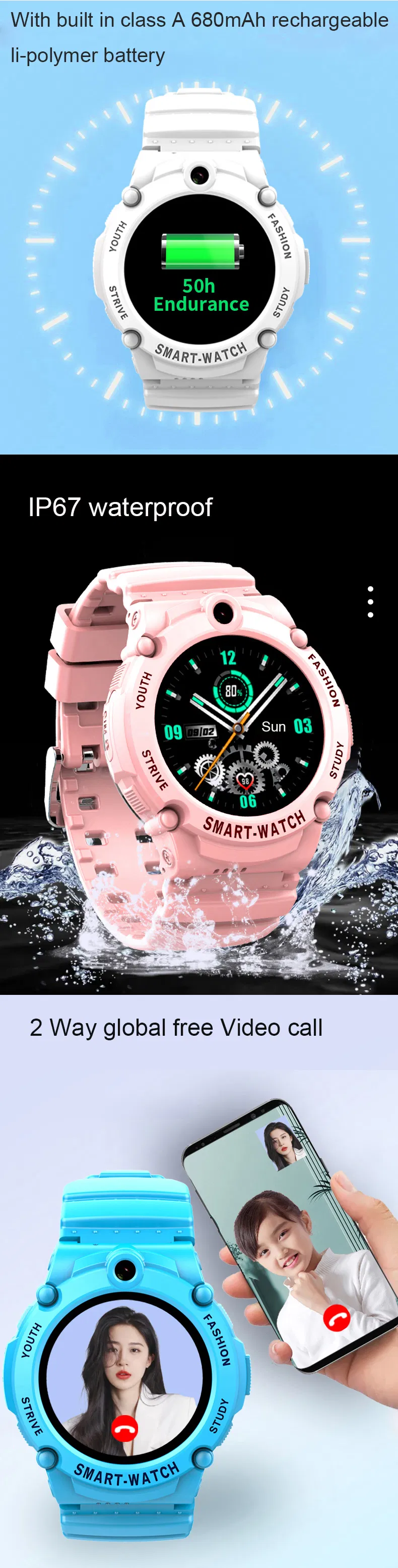 Hot sale OEM 4G IP67 waterproof Personal Wearable Watch Kids GPS Tracking Device with Block unknown numbers Video call