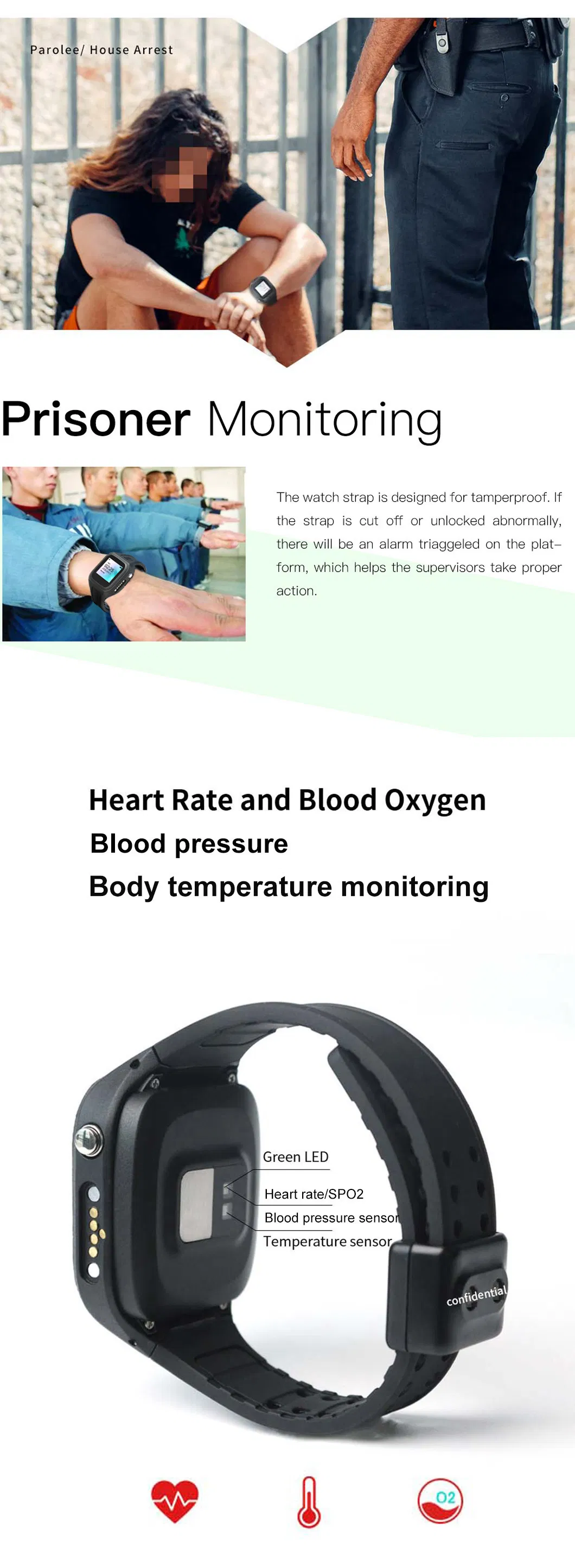 IP67 Waterproof 4G LTE Temperature Detection Prison GPS Watch with Heart Rate Tamperproof T30