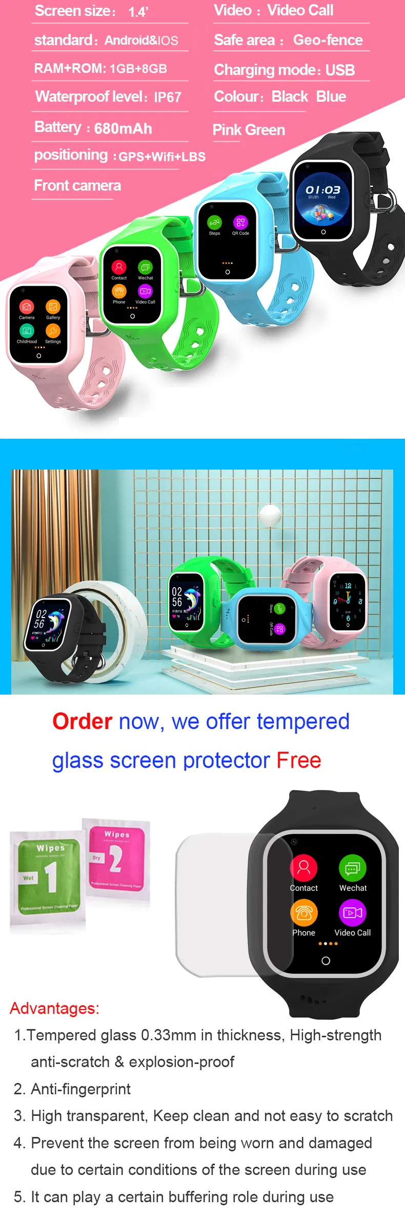 IP67 waterproof 4G LTE Kids Smart watch Phone GPS Tracker with Live map location Safety zone setup Video call D32