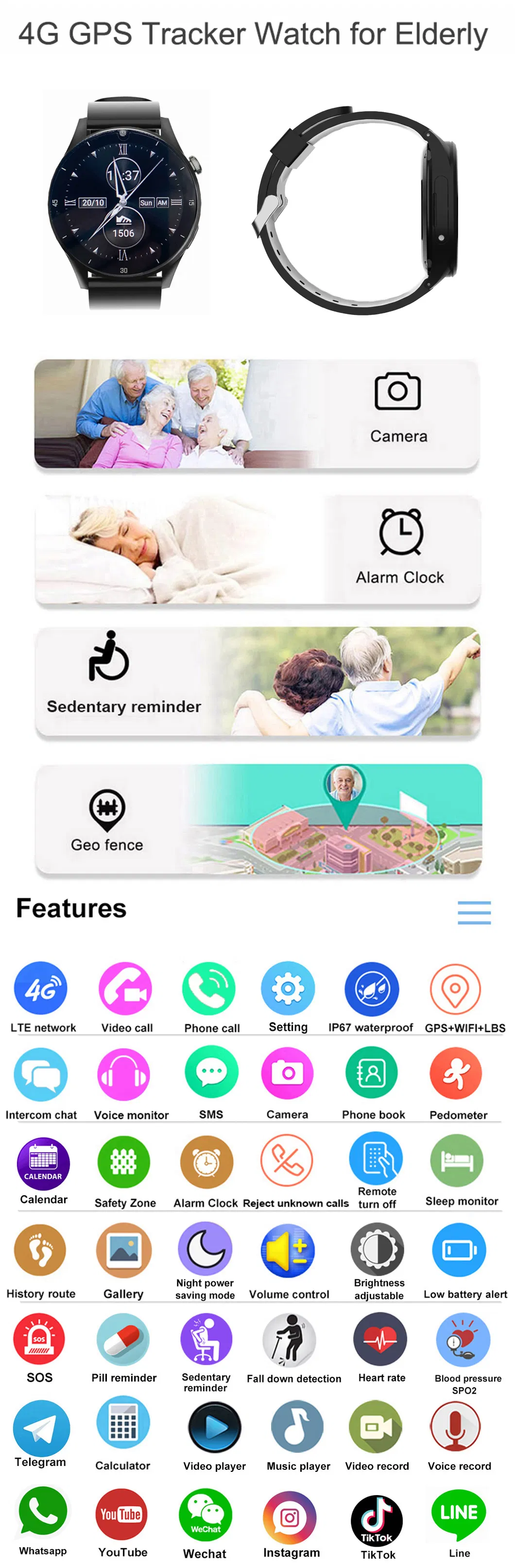 IP67 waterproof 4G Video call Senior healthcare Wearable GPS Tracker Watch with fall down detection Heart rate blood pressure D48