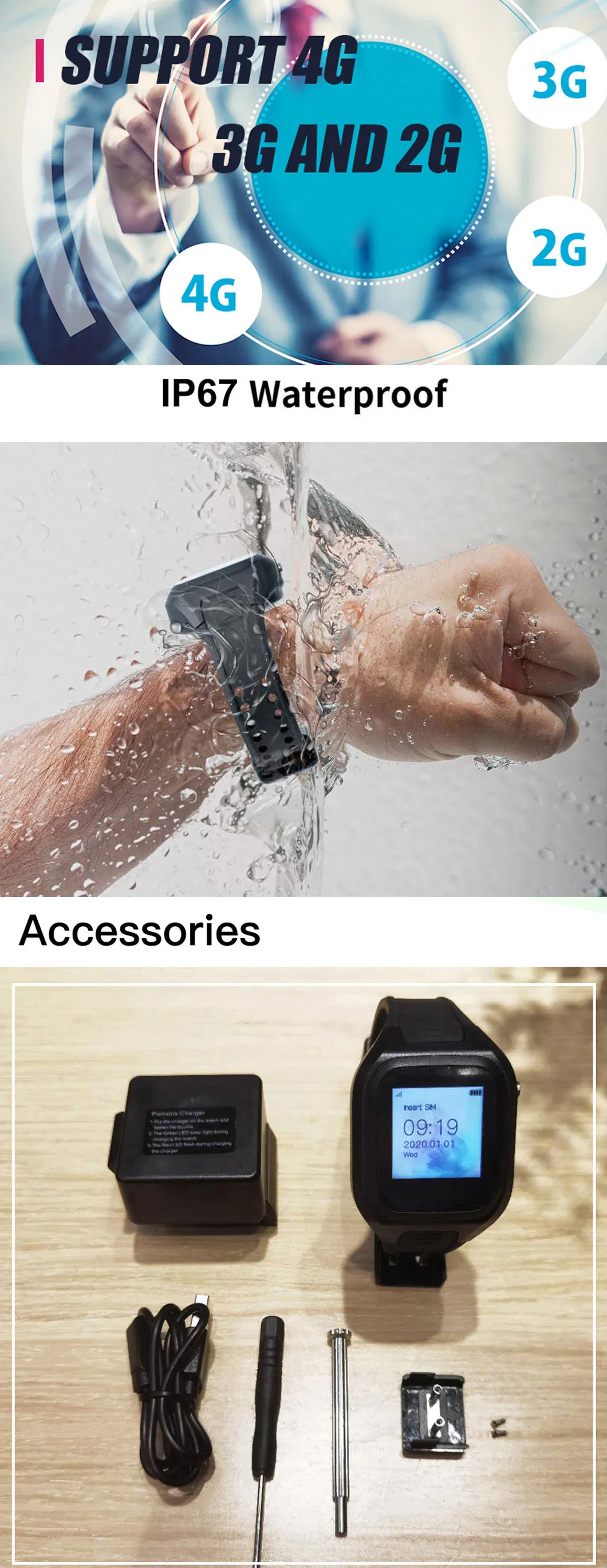 New Arrival IP67 Waterproof LTE Tamper-Proof Body Temperature GPS Watch Bracelet with Software Customization T30