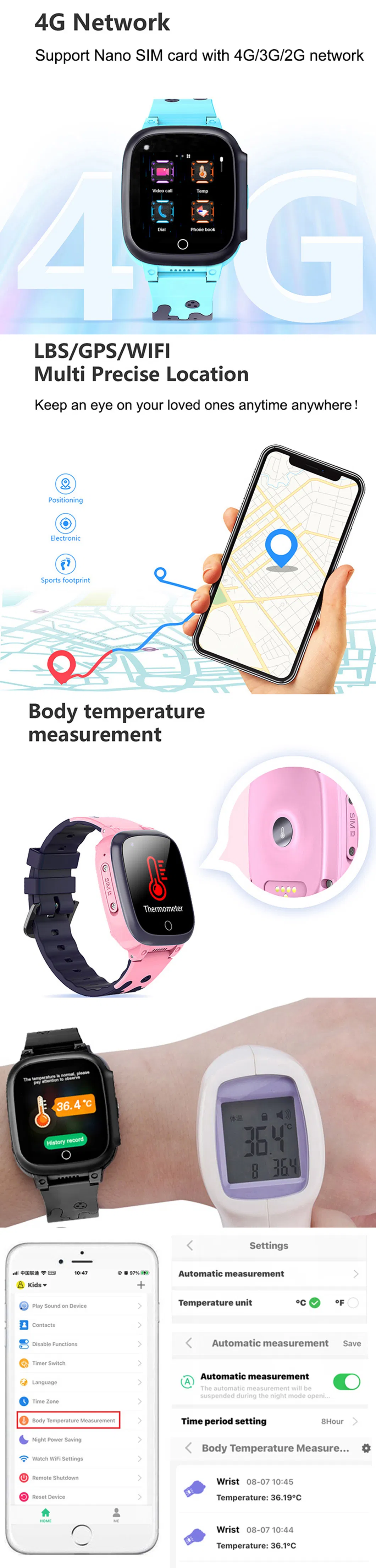 New LTE IP67 Waterproof Personal SOS Call Kids Body Temperature GPS Watch Tracker with HD Camera for Remote Snapshot D51