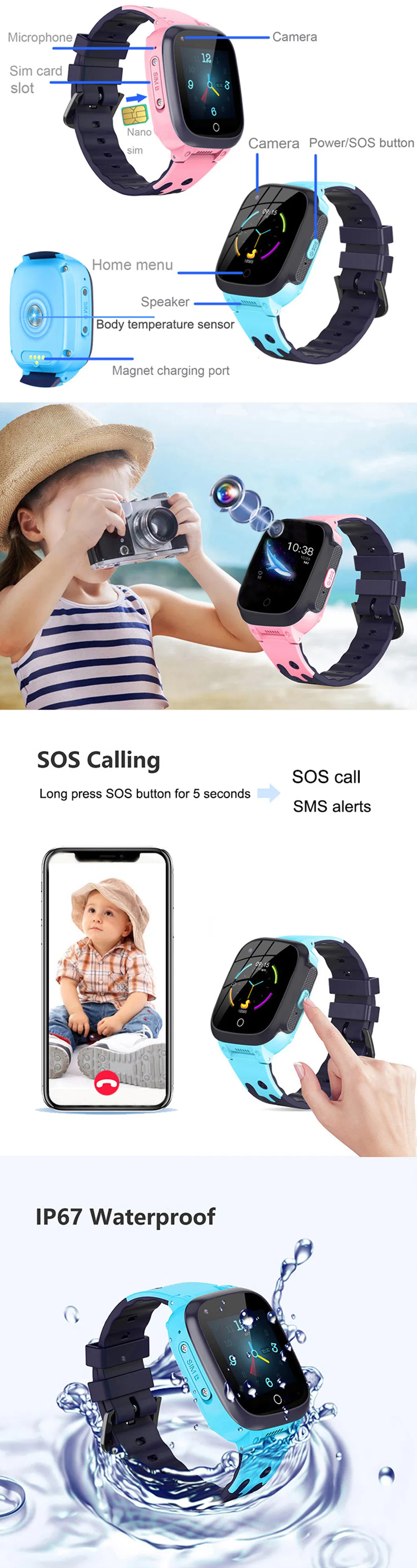 New LTE IP67 Waterproof Personal SOS Call Kids Body Temperature GPS Watch Tracker with HD Camera for Remote Snapshot D51