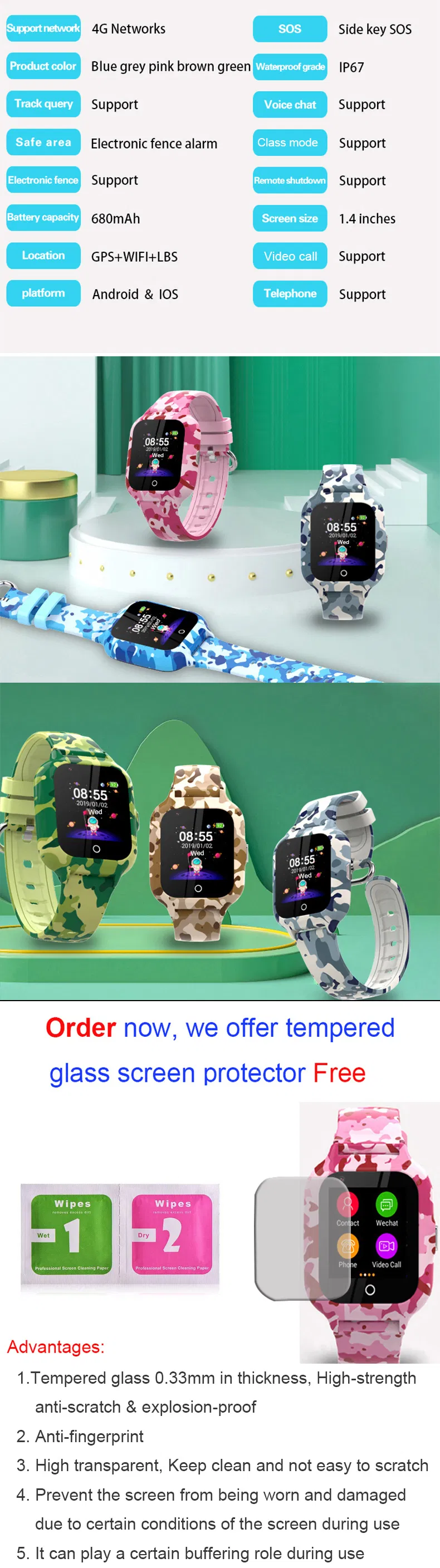 New Launched 4G IP67 waterproof camouflage Kids Child GPS Security Watch with Video call Voice Monitor for Avoid abducting Y48