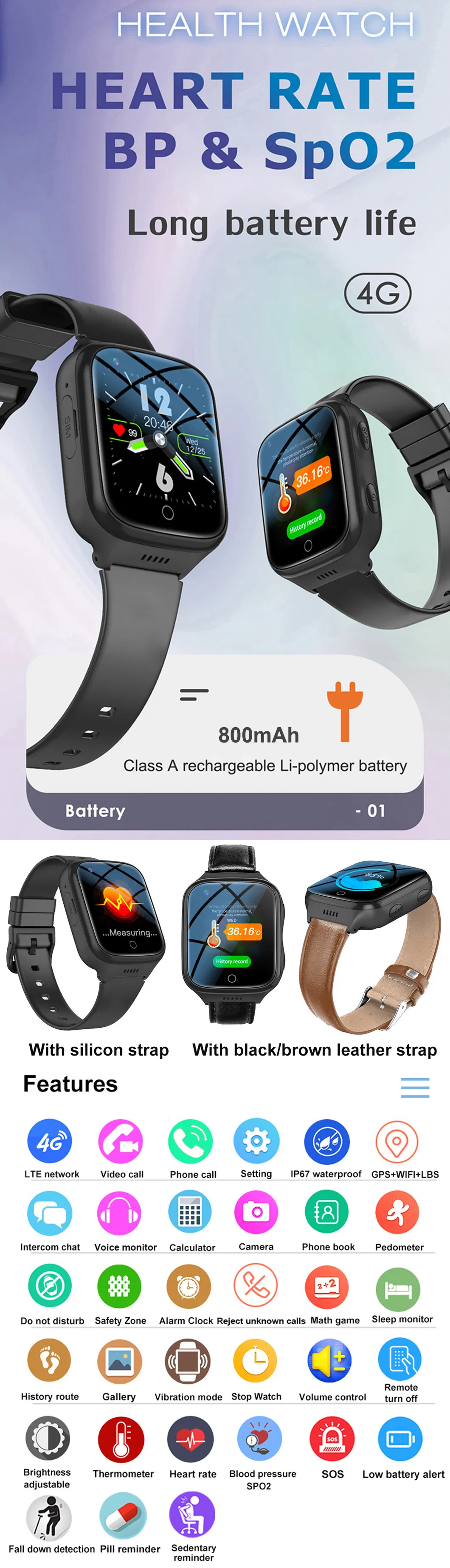 New design 4G IP67 water resistance fall down alert senior health care Personal GPS Watch tracker with video call HR BP Body temperature D44