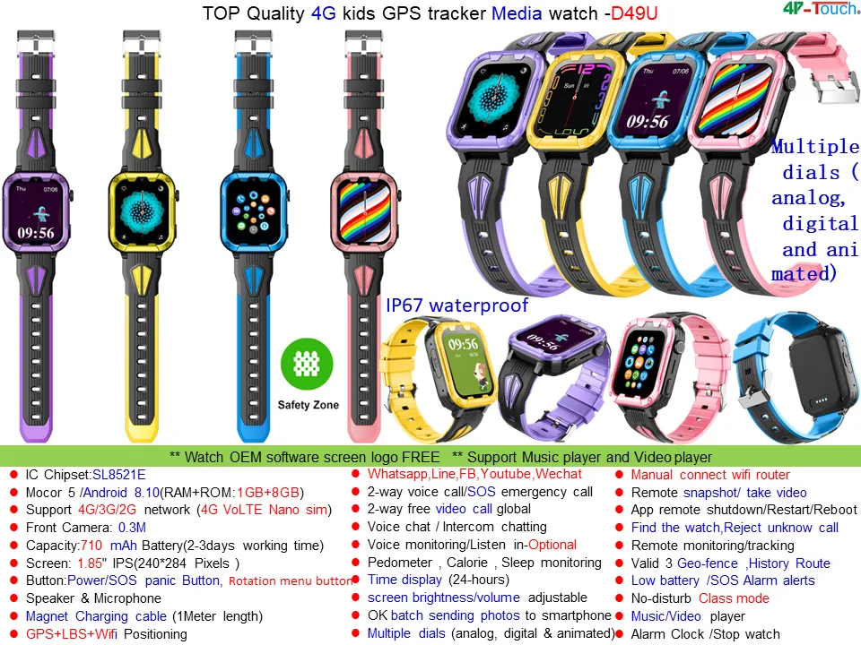 New design Apple style water resistance 4G video call Kids mobile GPS Watch Phone for avoid kidnap D49U