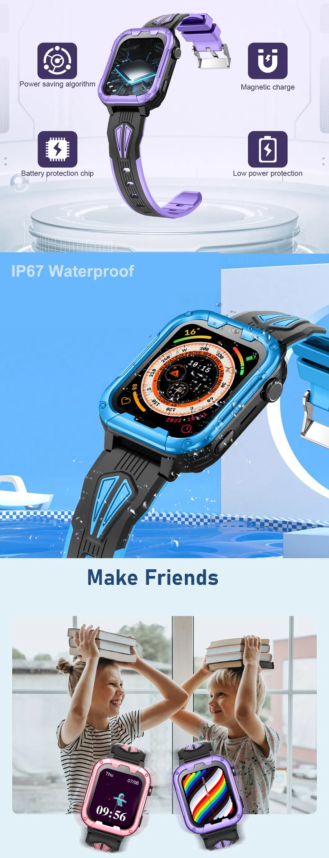 New design Apple style water resistance 4G video call Kids mobile GPS Watch Phone for avoid kidnap D49U