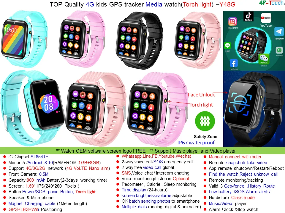 New developed 4G LTE Personal waterproof Kids Security Smart GPS Tracker Watch with fitness tracking Birthday gift Y48G