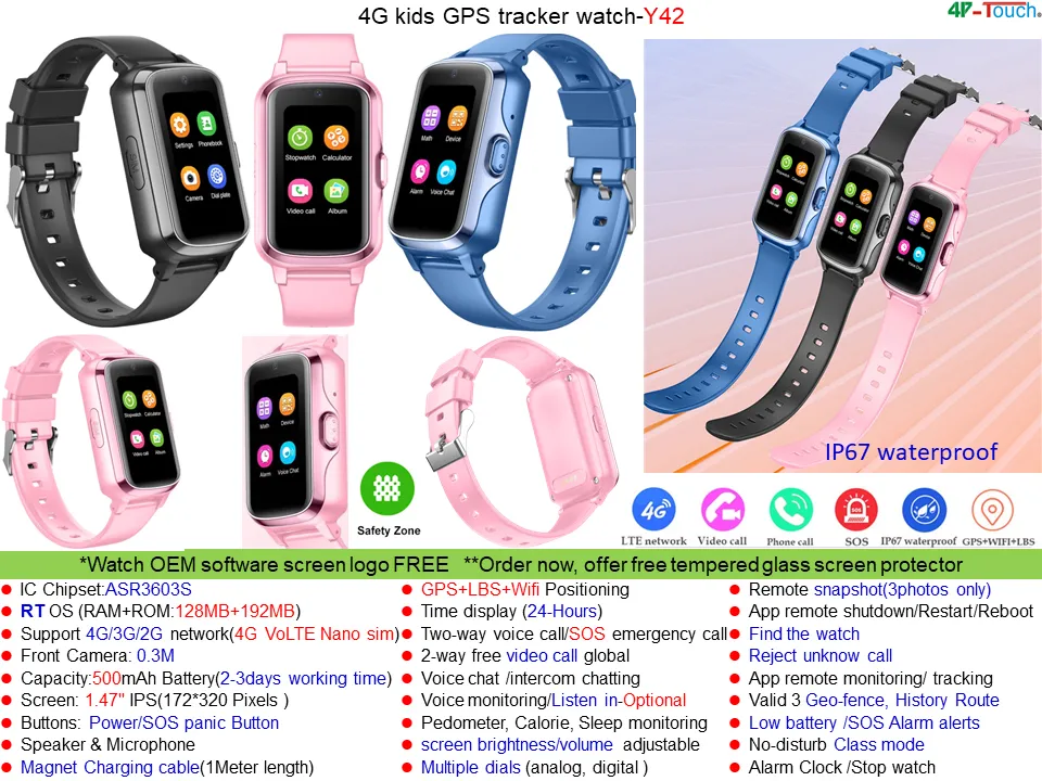 New developed 4G waterproof Kids Security Watch GPS tracker with HD Camera for remote snapshot video call Y42