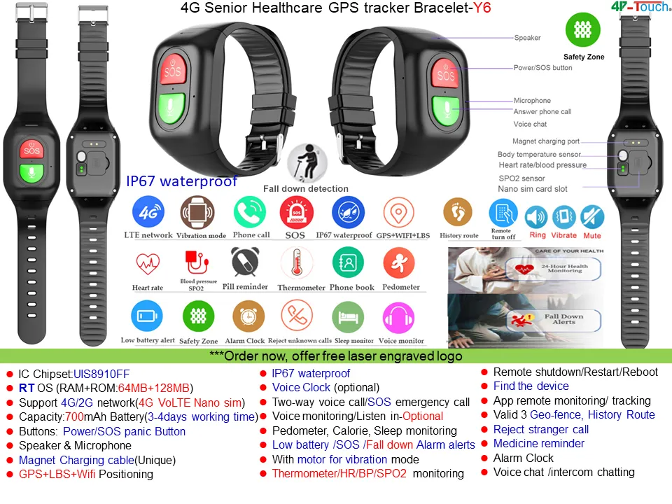 New developed IP67 water resistance 4G GPS Tracker Smart bracelet with thermometer heart rate blood pressure fall down notification Y6