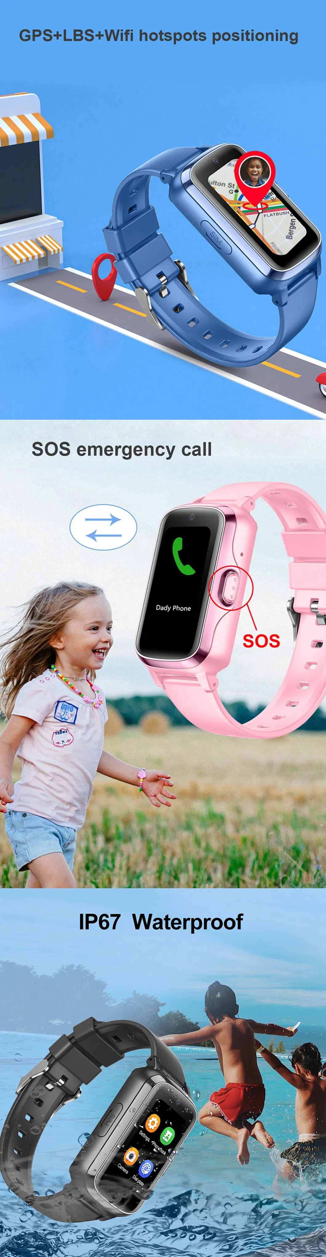 New slim design China supplier 4G IP67 waterproof Video call personal security Kids Child friendly GPS Clock for safety monitoring Y42