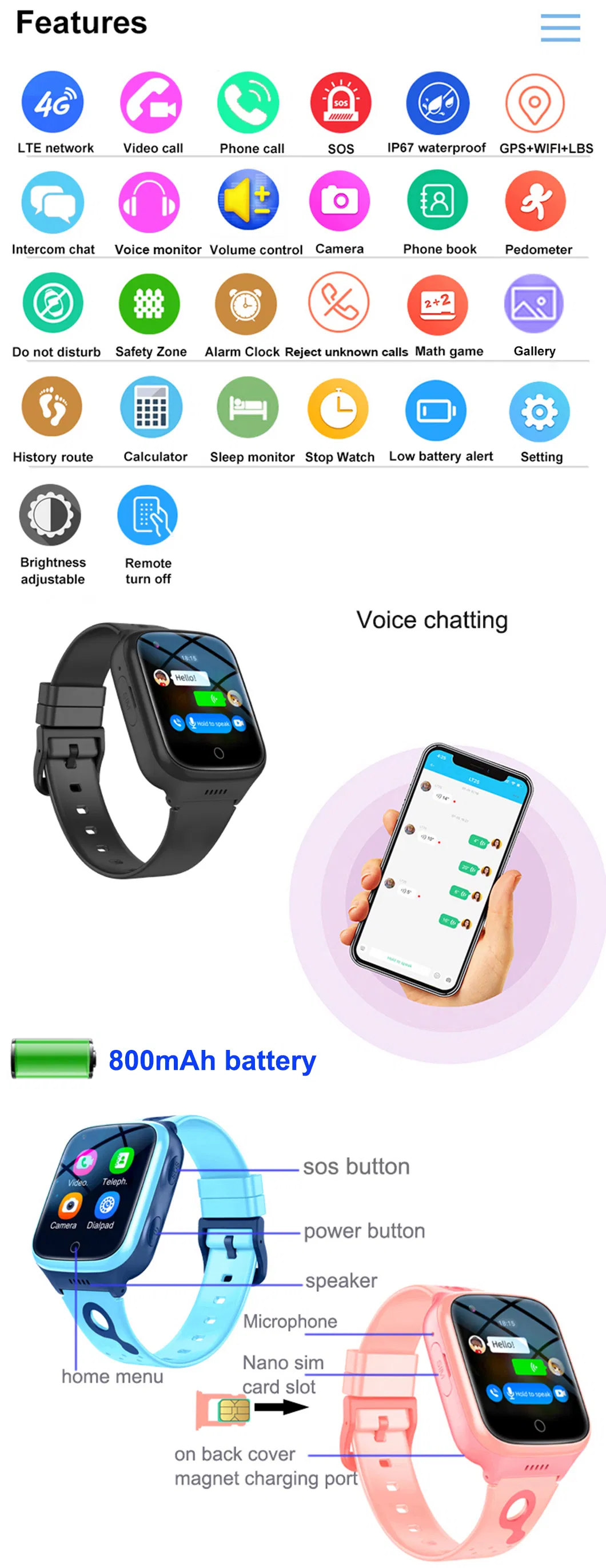 Newest LTE IP67 Waterproof Quality Handy Personal Kids Safety GPS Smart Watch with Video Call No Disturbing in Class for Students D35