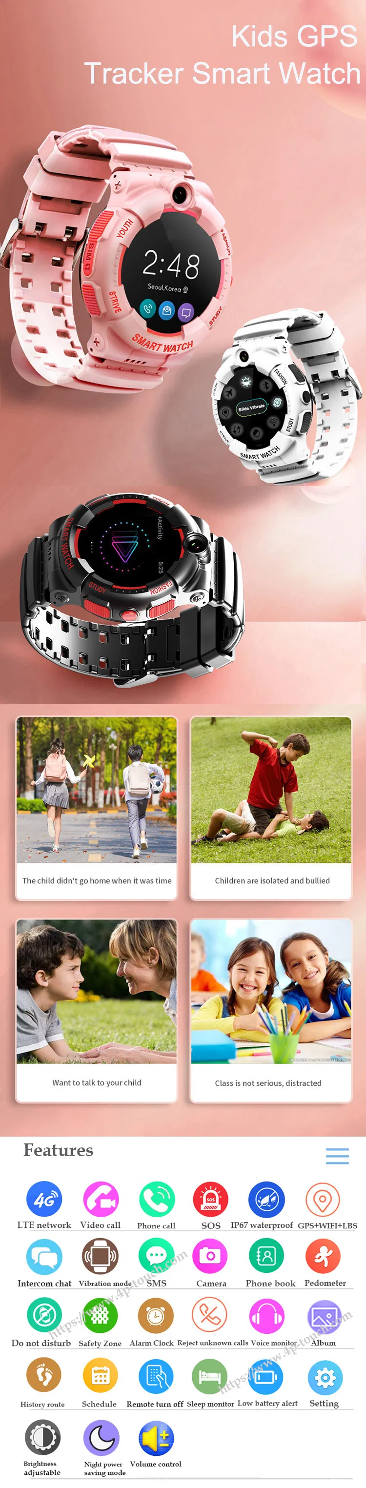 Quality Hot IP67 Waterproof 4G Long Working Hours Child Personal Smart Watch Kids GPS Tracker with Camera Video call D48P