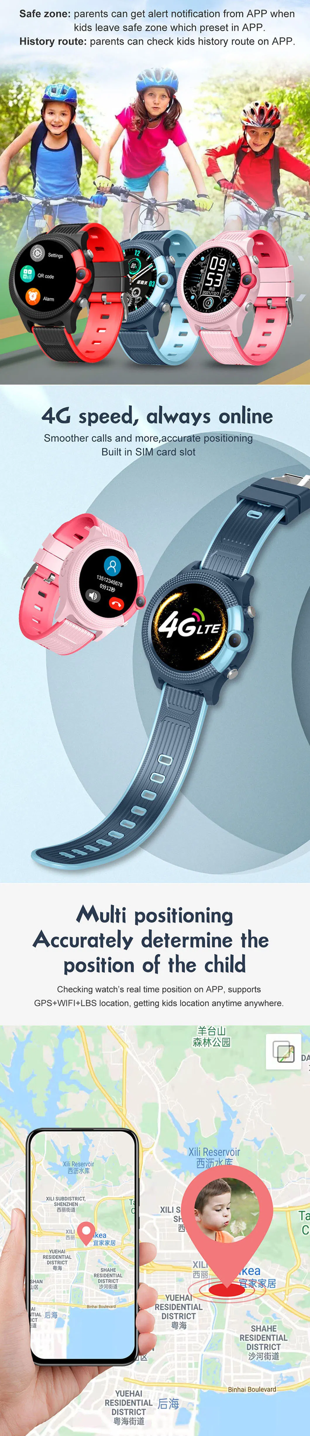 Round screen 4G video call IP67 waterproof Kids Parental control mobile Watch tracking Tracker GPS with live map location D42E