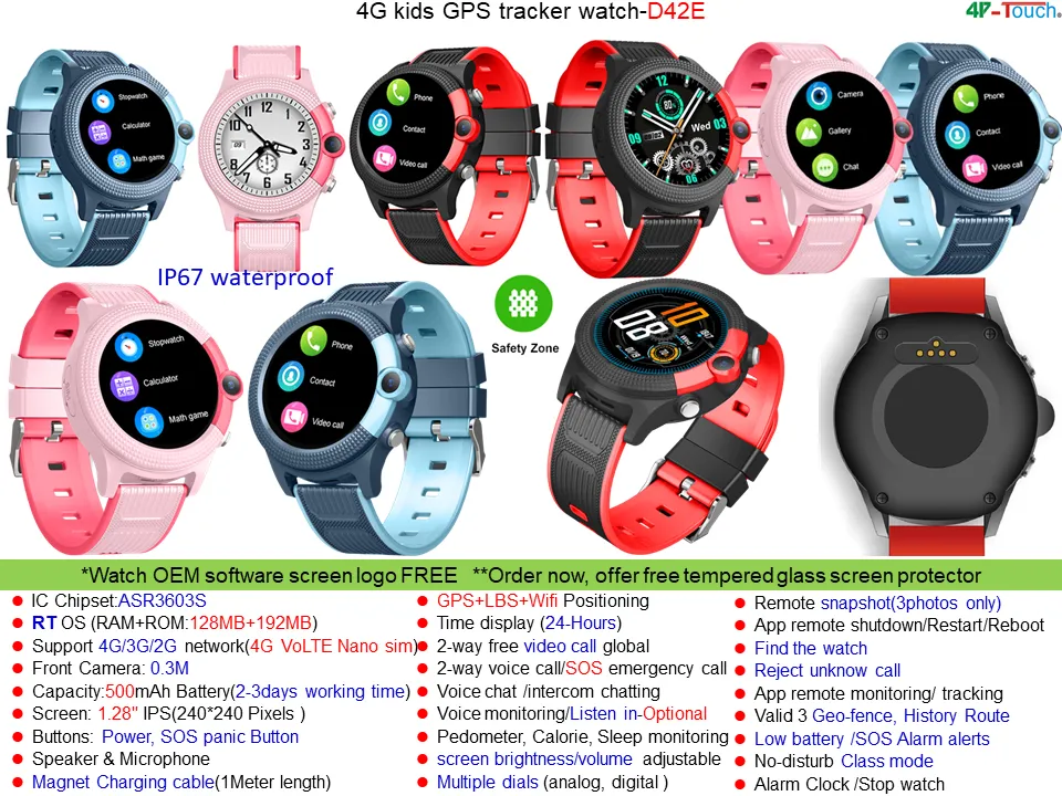 Top quality 4G Water resistance IP67 dual camera colorful touch screen Child friendly Smart Watch tracker GPS Tracking with class mode D42E