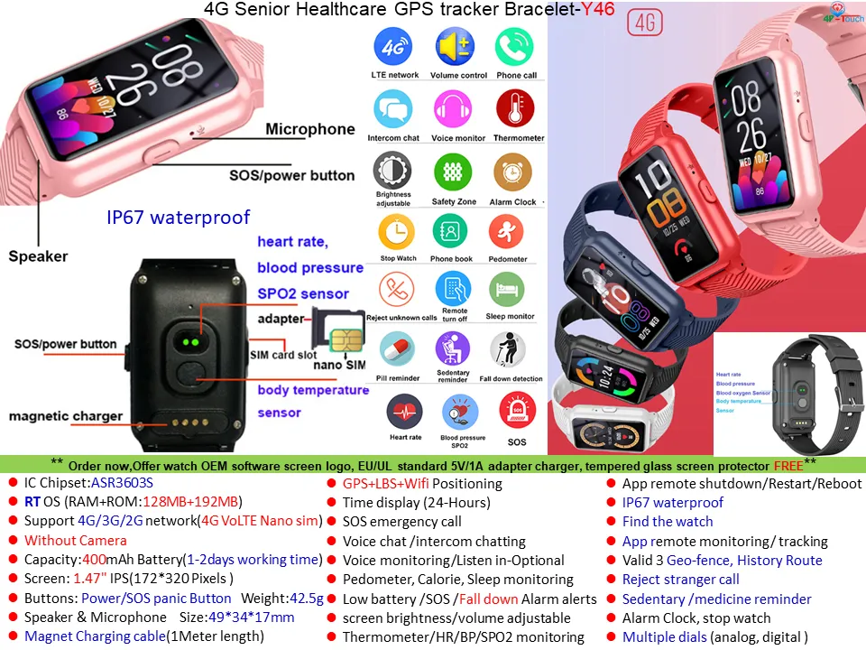 Waterproof IP67 Senior Healthcare 4G LTE Personal safety wearable GPS Smart Watch with heart rate blood pressure body temperature Y46