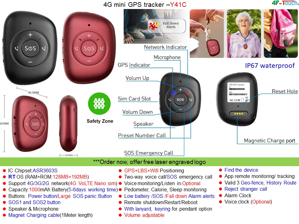 2024 new developed 4G elderly GPS tracking pendant with IP67 waterproof free App fall down detection Y41C