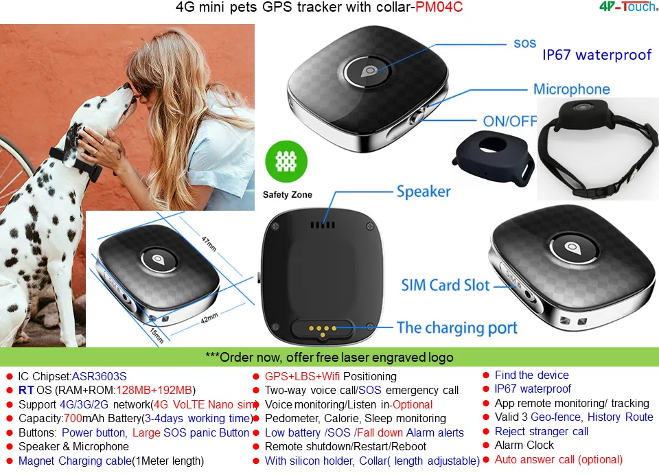 China Factory 4G IP67 Waterproof GPS WiFi Multi Real Time Tracking Ways Security Pets Tracker GPS PM04C