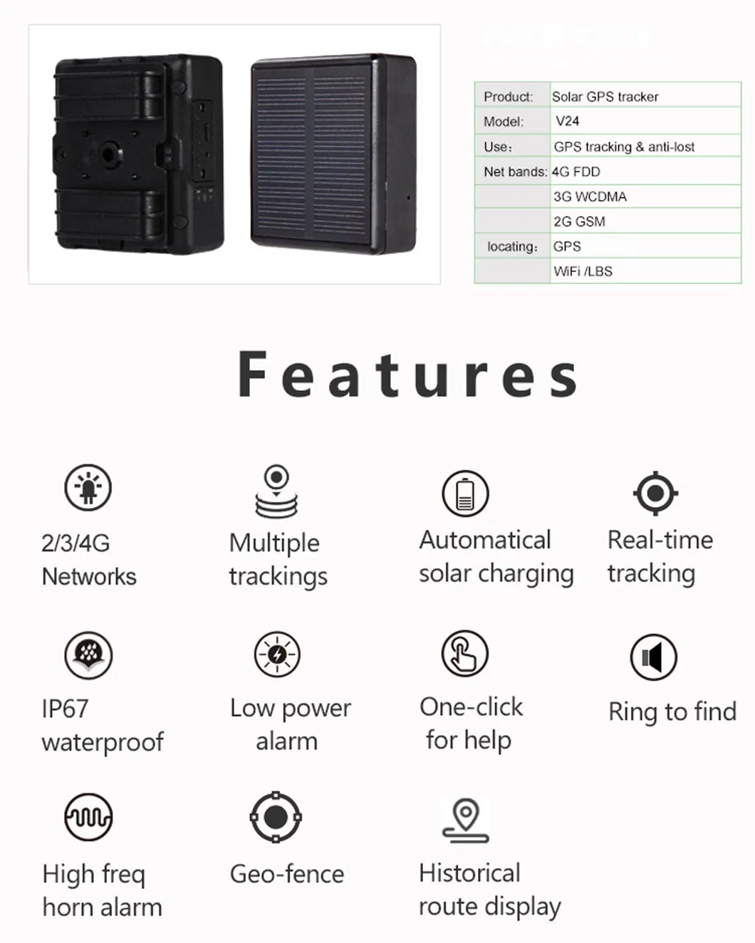 China Factory 4G IP67 Waterproof Solar Power Charged GPRS Long Working Hours Animals Pets Tracker GPS Tracking Device V24