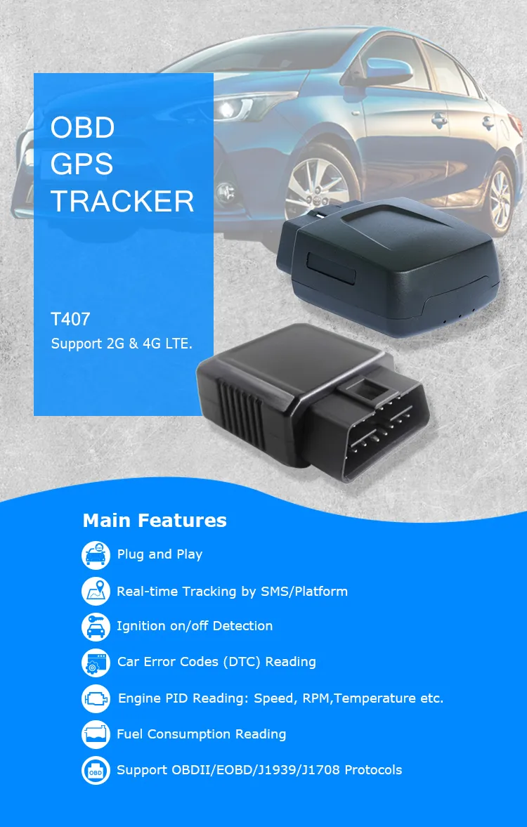 China Factory 4G OBD Plug and Play Automotive Vehicle GPS Tracker Device with Power Cut Alarm T407