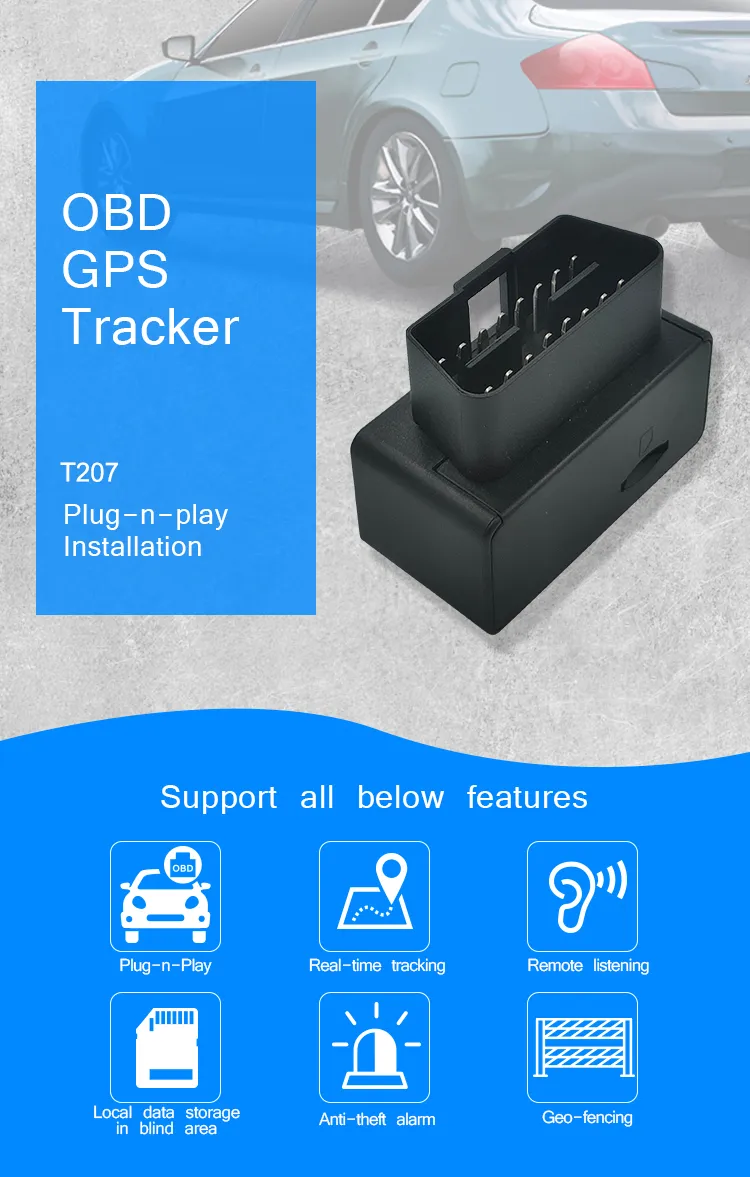 China Factory GSM OBD Plug and Play Vehicle Automotive Car GPS Tracker with Anti-theft Alarm Power Failure Alarm T207