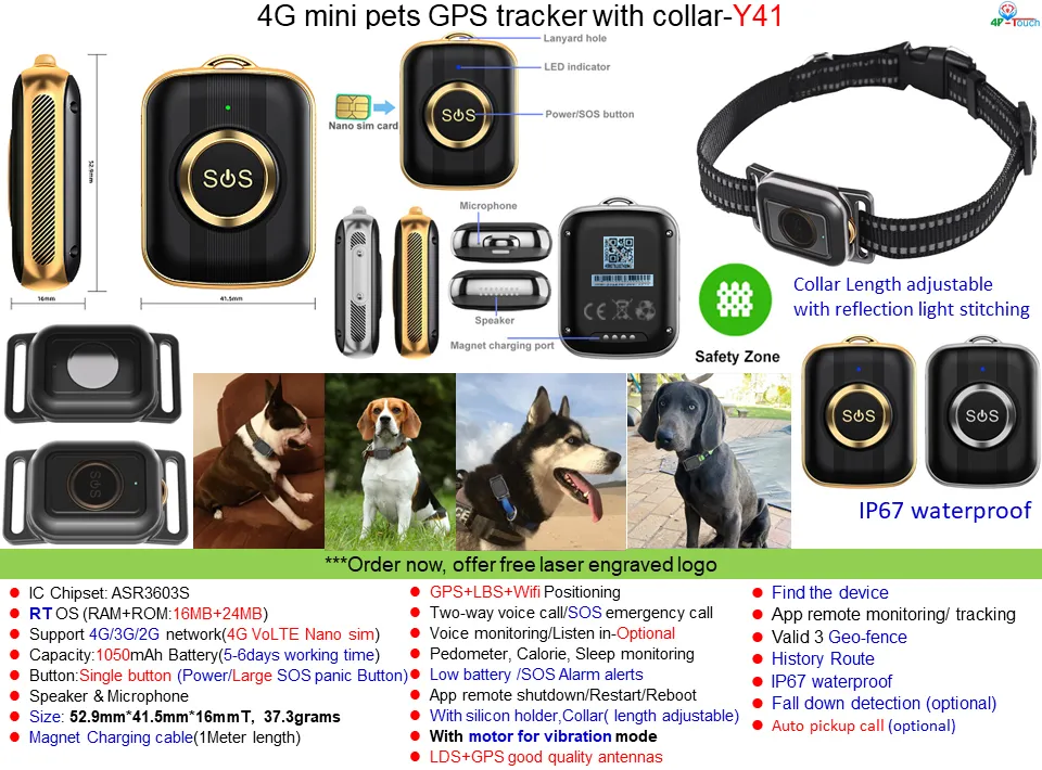 China Factory IP67 waterproof 4G LTE Accurate Pets Puppy hunting dogs GPS Tracker gadget with Google Map location Y41