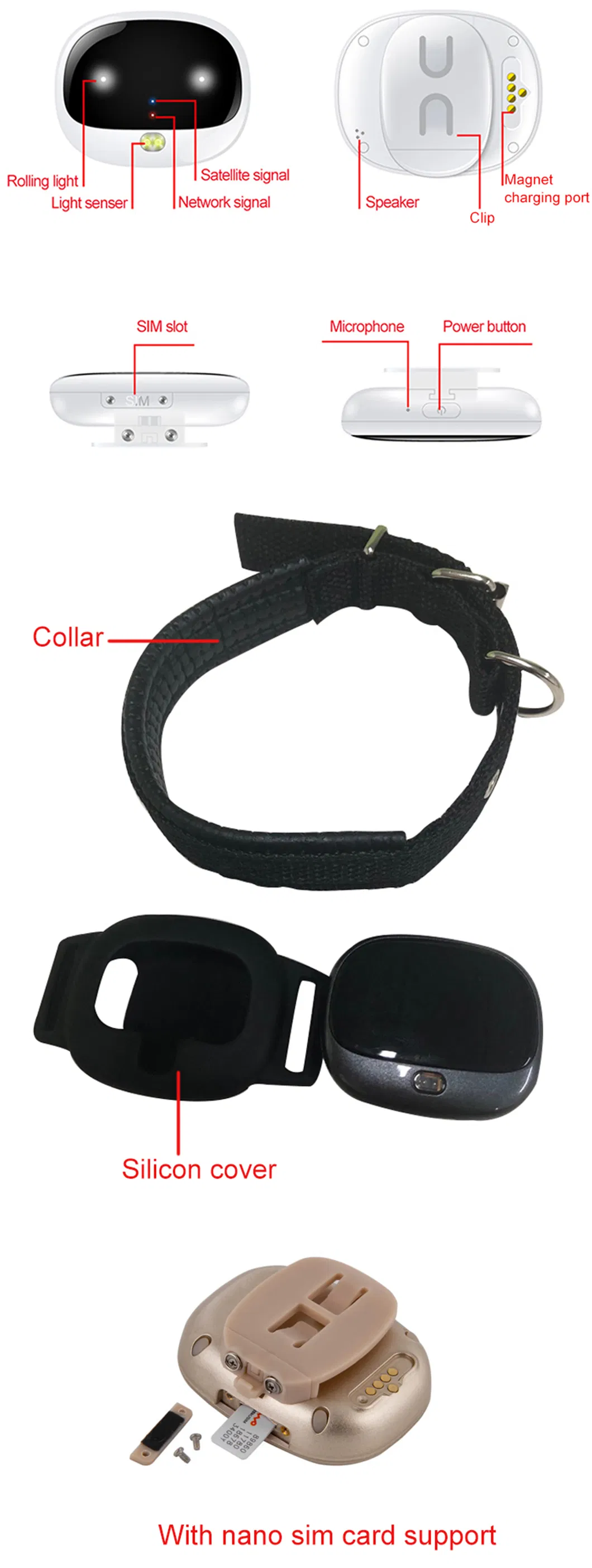 China factory wholesale IP67 Waterproof Tiny Hot Sell 4G Dog Cat Pets Tracker GPS with LED Light V43