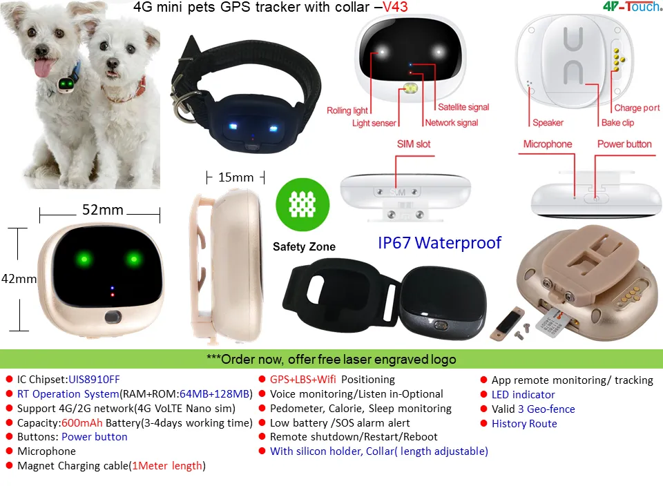 Factory Direct Supplied IP67 Waterproof Pet Tracking 4G LTE Mini GPS Tracker with Large Battery Capacity V43