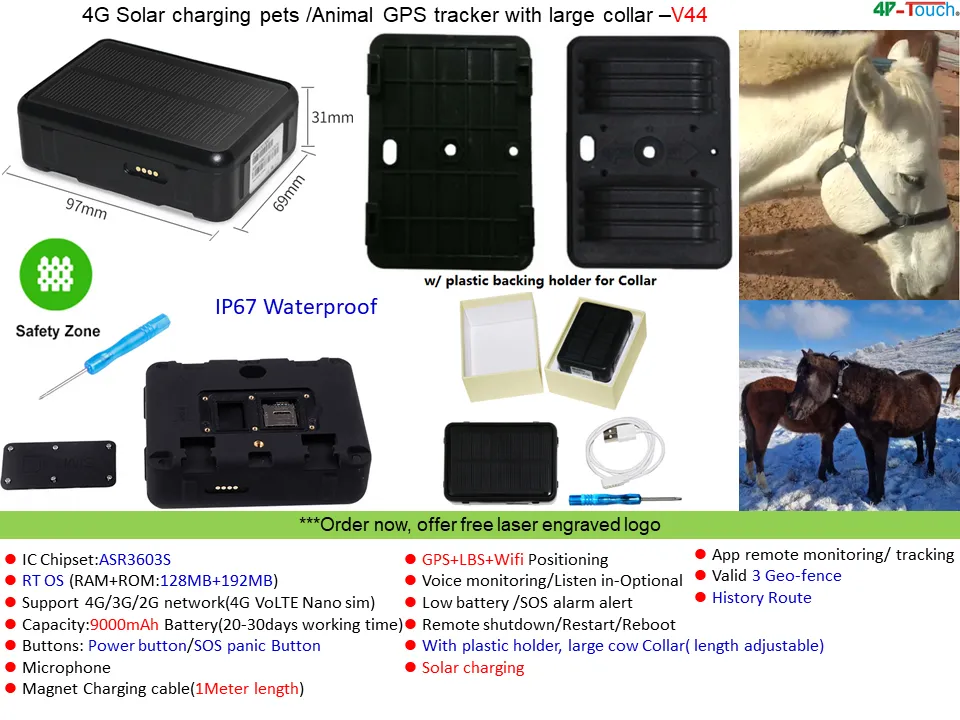 Factory Supply 4G IP67 Waterproof Solar Charging Large Battery Capacity Tracker GPS for Cattle with Multiple Ways Accurate Position V44