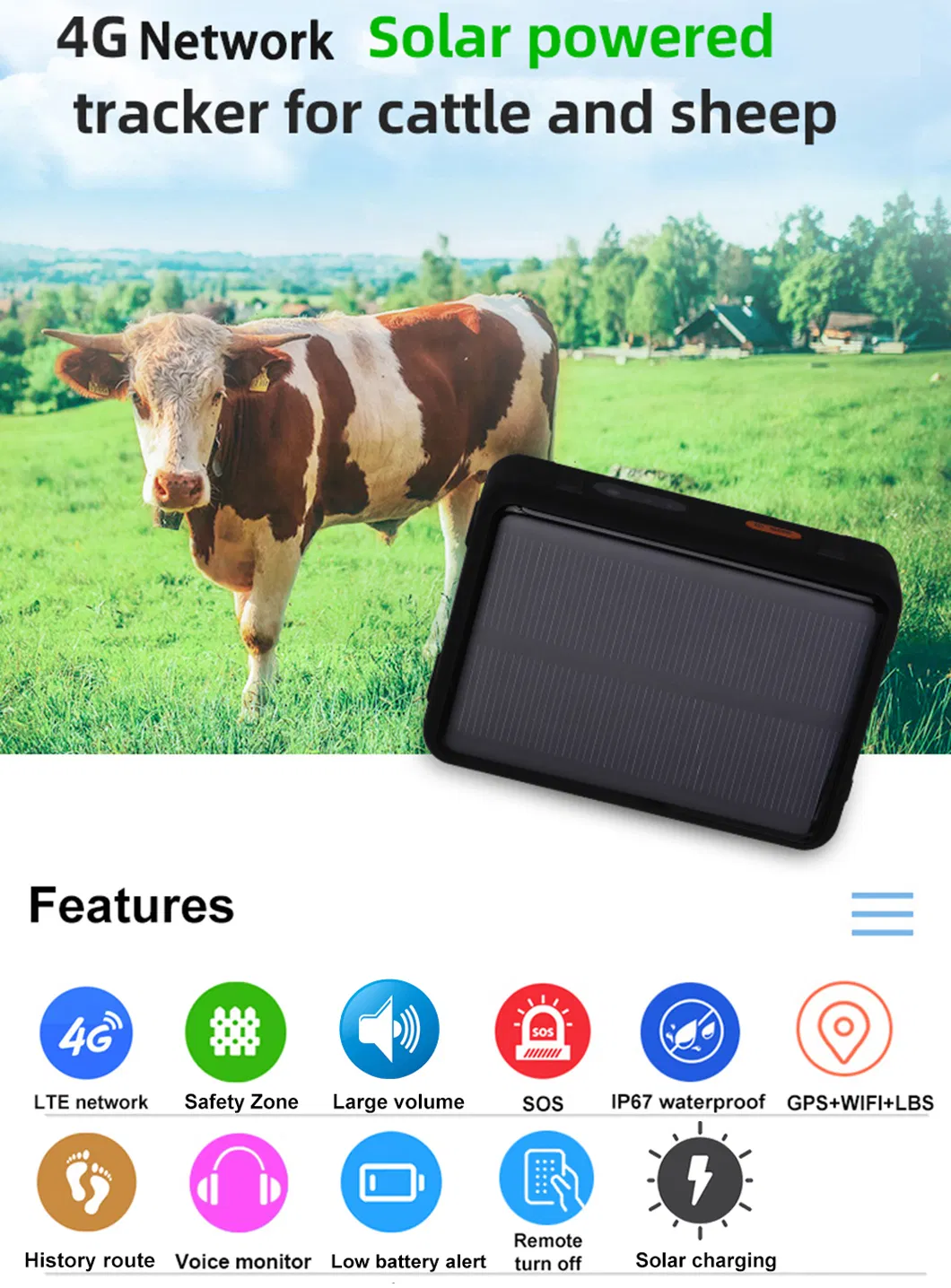 Factory Supply 4G IP67 Waterproof Solar Charging Large Battery Capacity Tracker GPS for Cattle with Multiple Ways Accurate Position V44