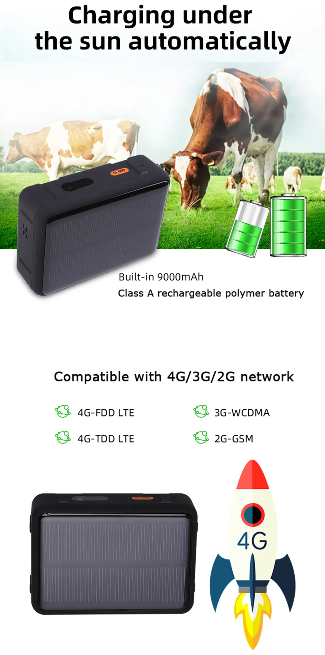 Factory Supply 4G IP67 Waterproof Solar Charging Large Battery Capacity Tracker GPS for Cattle with Multiple Ways Accurate Position V44