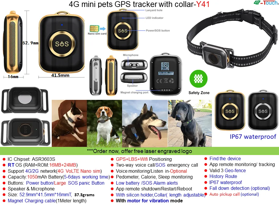 Fashion Quality IP67 Waterproof 4G Pets Mini GPS Tracker Global World Location with History Route Tracking Y41