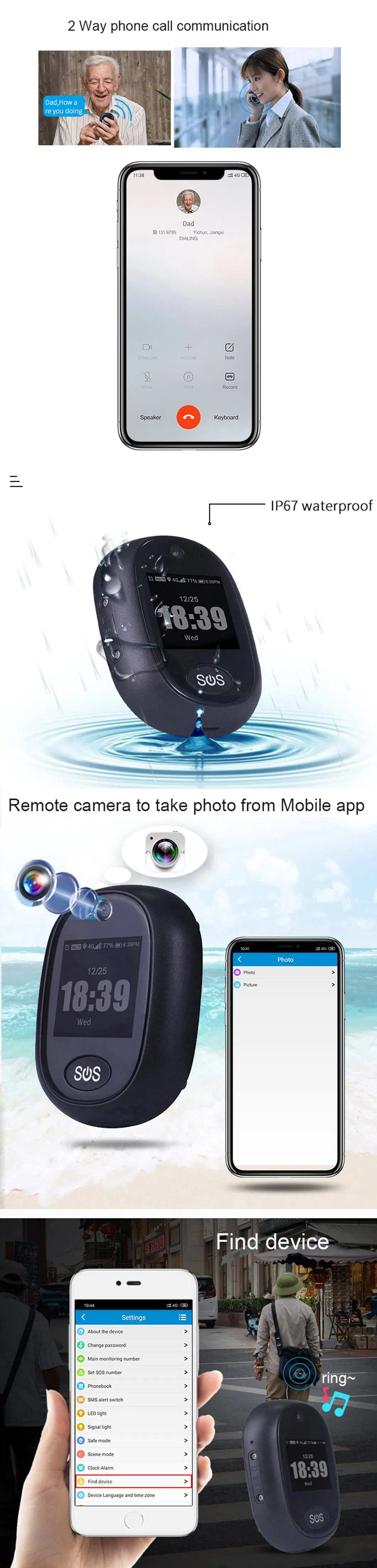 Fashion design IP67 waterproof 4G LTE Elderly Adults safety GPS Tracking device with Camera for remote monitoring V45