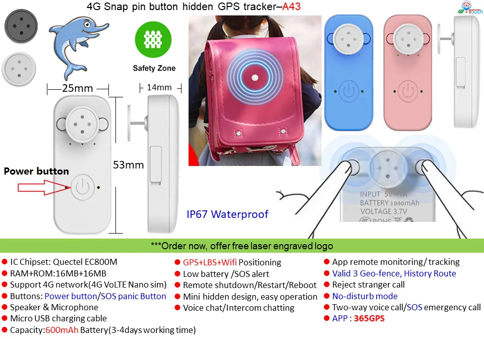 New Arrival 4G IP67 Waterproof Real Time Kids Children Hide Button Size Clothes Bag tracking tracker GPS with Long battery life A43