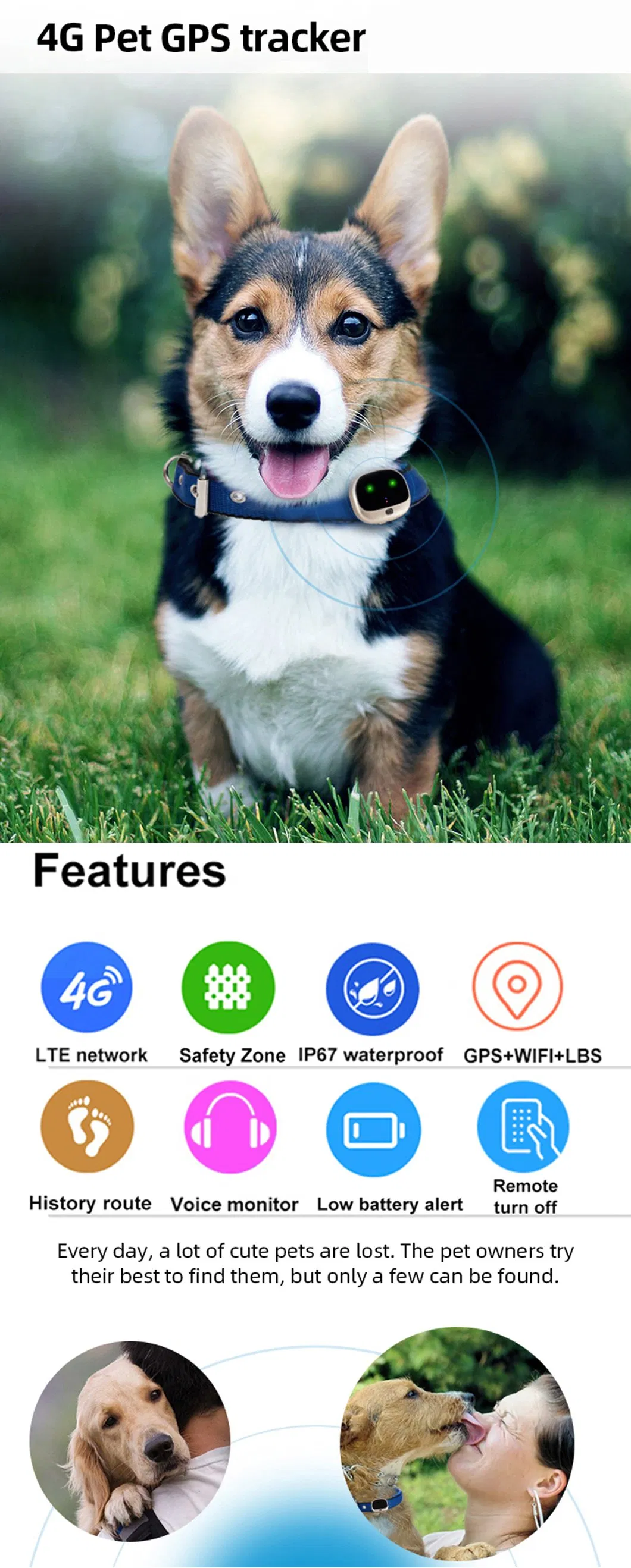 New Design 4G IP67 Water Resistance Tracker LTE GPS Tracking Device with LED Light for Finding Pets V43