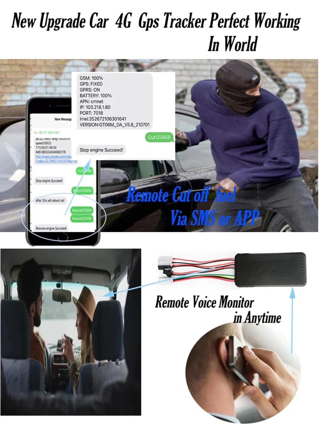 New Developed 4G Global Location Smart Vehicle GPS Tracker with Remote Cut-off Engine Free App Tracking T200