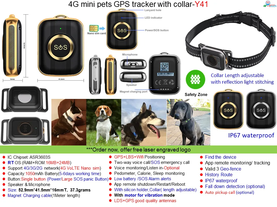 New Developed 4G IP67 Waterproof Mini Pet GPS Tracking locator with Geo Fence Long Working Time Y41