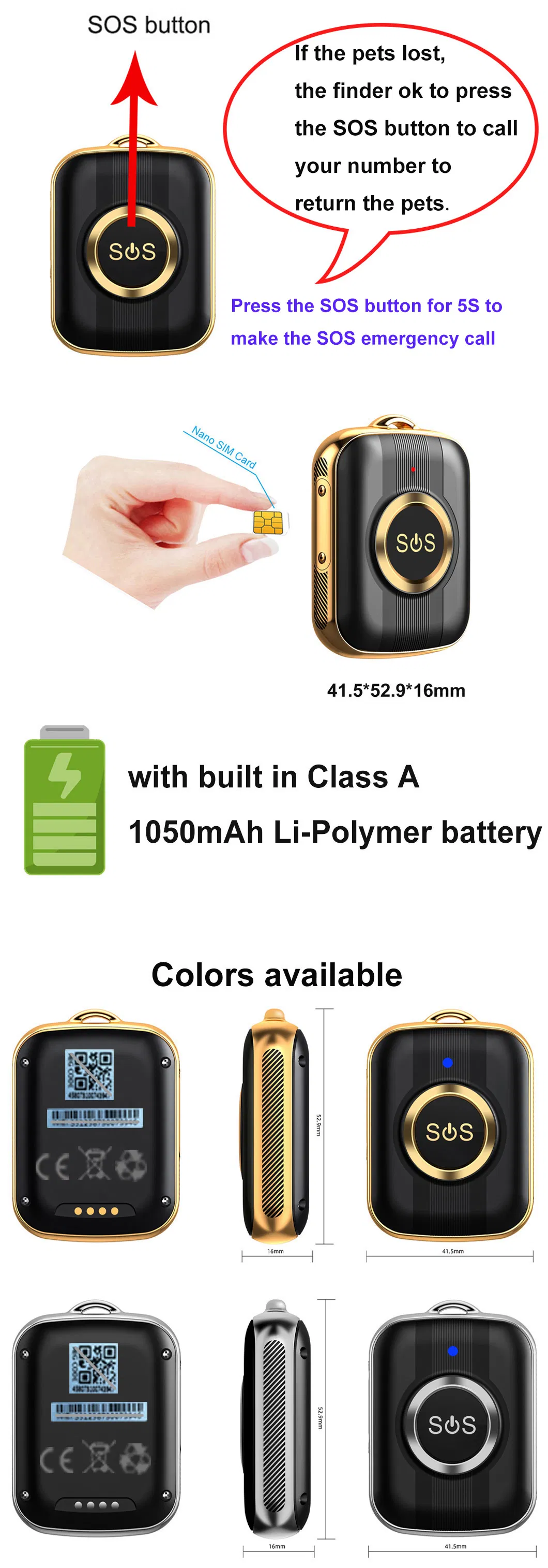 New Developed 4G IP67 Waterproof Mini Pet GPS Tracking locator with Geo Fence Long Working Time Y41