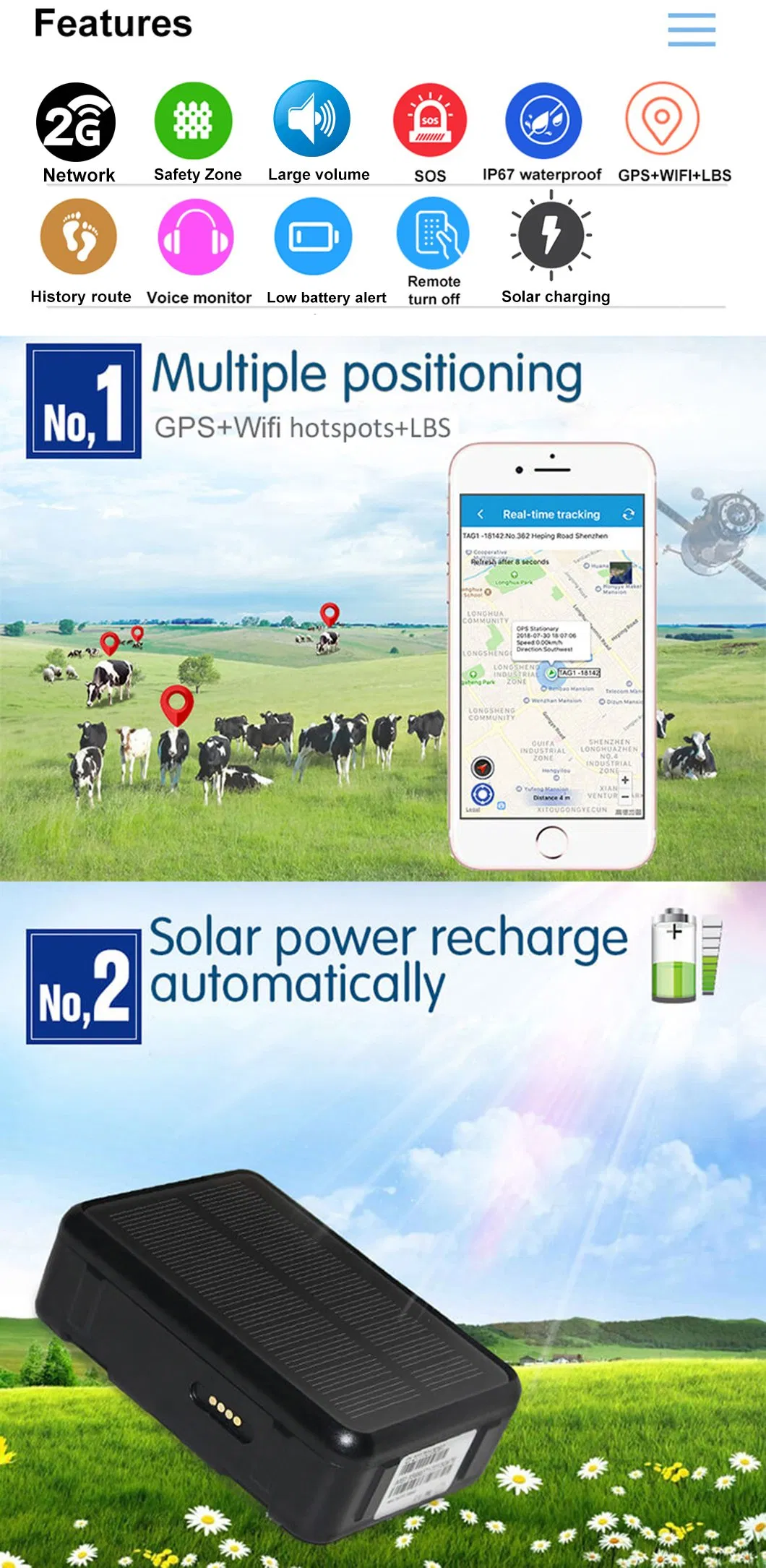 Quality China Manufacture 2G GSM Waterproof Lifetime Free APP Platform Solar Charging GPS Tracking for Cow Cattle Sheep V34